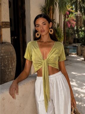 12th Tribe Olive Green Front Tie Crop Top | Soft Stretch Knit | Medium